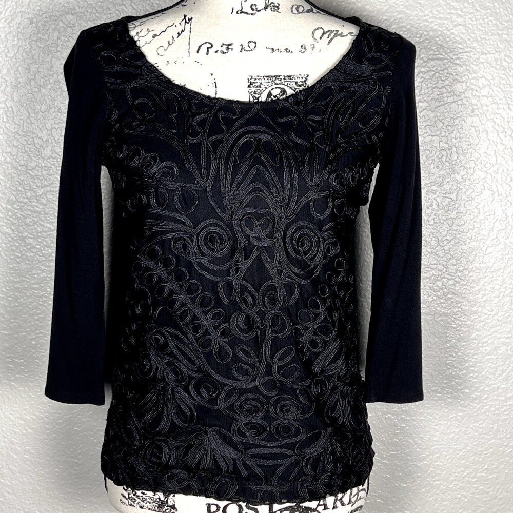 Grace Sz PS English Lace Embellished Blouse Long Sleeve Black Stretch
